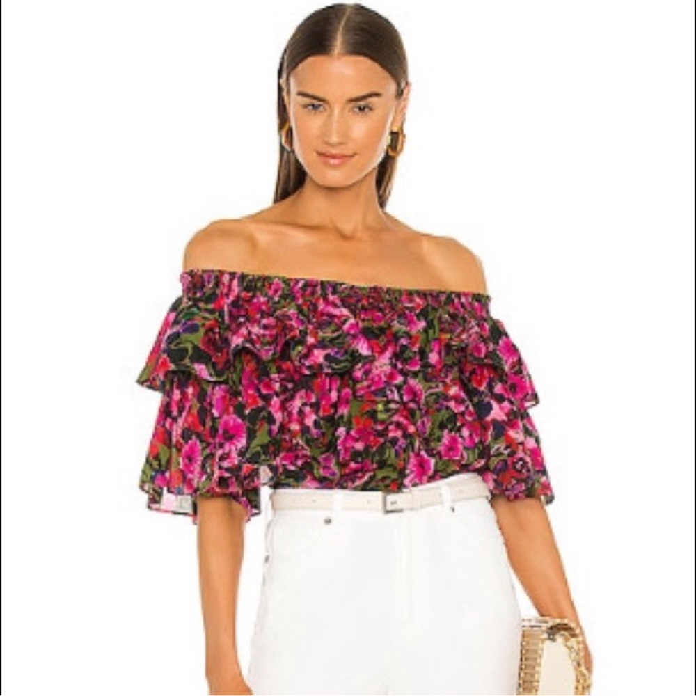 Something Navy Felix Ruffle Top Size Small Floral Off the Shoulder